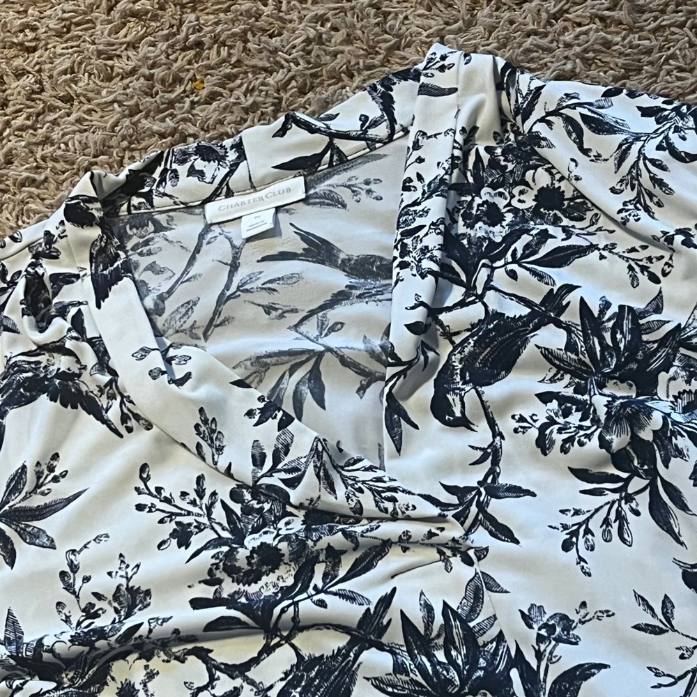 Charter Club Petite Blouse Black White Bird Floral Print Surplice V-Neck PL